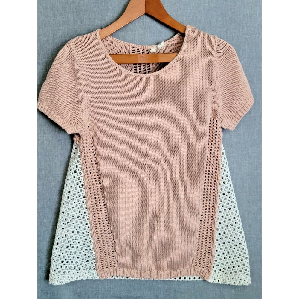 Anthropologie Moth Blush Pink Cream Short Sleeved Sweater Eyelet Back Large